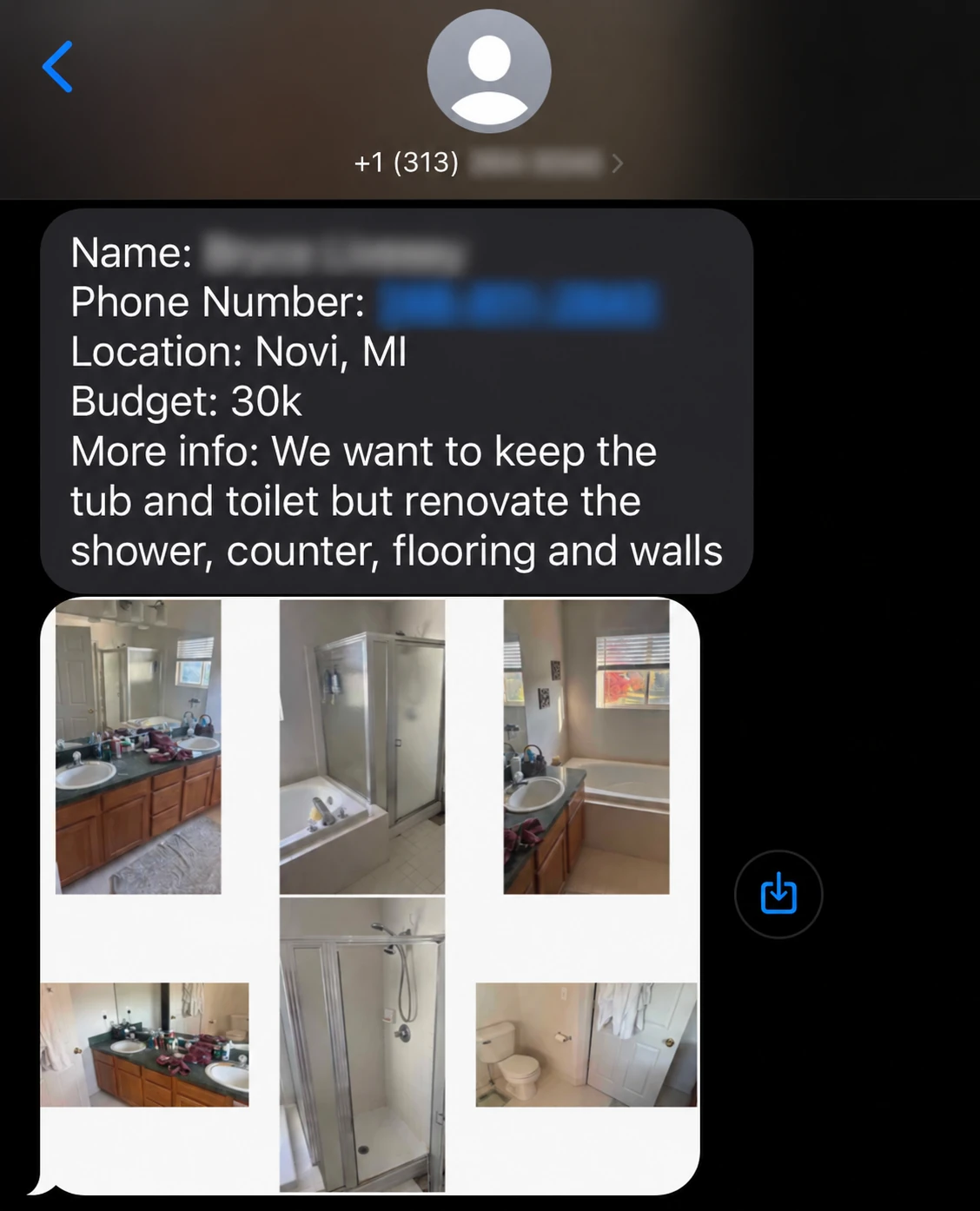 Bathroom remodel inquiry showing a Novi location, a $30,000 budget and bathroom photos, with contact details blurred.
